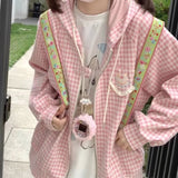 Dodobye Harajuku Sweet Pink Plaid Sweatshirts 2024 Spring New Hoodie Tops Mujer Y2k E-Girl Long Sleeve Zipper Cardigan Coat Women