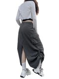 Dodobye Retro Women Long Cargo Pocket Baggy Skirts Side Drawstring Low Rise Solid Pockets Hip Hop Straight Skirts Y2k Streetwear