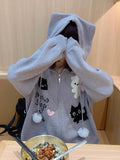 Black Friday Dodobye Cat Print Grey Knitted Cardigan Ears Hooded Sweater Women Oversized Long Sleeve Soft Girl Cutecore Zip Up Winter Clothes