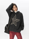 Black Friday Dodobye Vintage Star Graphic Knitted Hoodie Loose Casual Long Sleeve Sweater Pullover for Women Autumn Harajuku Streetwear Tops