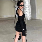 Dodobye Off-Shoulder Sexy See-Through Drawstring Dress For Women Long Sleeve Solid Summer Hot Girl Club Party Mini Bodycon Dress