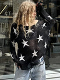 Black Friday Dodobye Street Stars Printed irregular Wide Collar Sweater Hot Girl Loose Thin Ripped Knit Sexy See Through Pullovers Long Sleeve