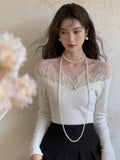 Black Friday Dodobye White Off Shoulder Knit Sweater Women Lace Transparent Mesh Long Sleeve Crop Pullovers Fairycore Aesthetics Clothes Chic