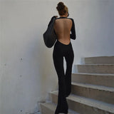 Dodobye 90s Vintage Rompers Overall Female Sexy Backless Skinny Jumpsuits Chic Women Long Sleeve Flare Pants Y2K Aesthetic Streetwear