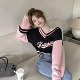 Dodobye Korean Sweet V-neck Off Shoulder Pullovers 2024 Autumn New Embroidery Lazy Tops Women Y2k E-Girl Long Sleeve Sweaters Mujer