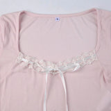 Dodobye Y2K Lace Trim Bowknot T-shirt 00s Retro Sweet Girl Pink Crop Tops Square Collar Long Sleeve Ribbed Tees Fairycore Kawaii Women