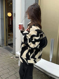 Dodobye Women Fashion Blocking Zebra Print Jacket Chic Lapel Snap Button Long Sleeves Loose Coat 2024 Autumn Female Warm Streetwear