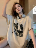 Dodobye Harajuku Cat Print T Shirt Women Y2k Short Sleeve O Neck Cutecore Female Tees Japan Casual Cotton Top Aesthetic Clothes