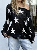 Black Friday Dodobye Street Stars Printed irregular Wide Collar Sweater Hot Girl Loose Thin Ripped Knit Sexy See Through Pullovers Long Sleeve