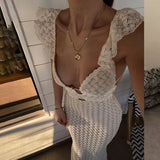 Dodobye Femme Holiday Knitted Beach Dress Lady Deep V Neck Sexy Maxi Dresses Women Backless See Through High Waist Long Cover Up Dress