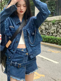 Dodobye-Streetwear Blue Cowboy Tops Coat Asymmetrical Design Lace Up Denim Mini Skirt Autumn Three Piece Sets Womens Outfits