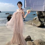 Dodobye Retro Pink Sexy Club Elegant Party Ruffles Slip Dress Women Irregular Mesh Fairy Dresses Sweet Fashion 2024 Summer Vacation Robe