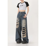 Dodobye High Street Retro Ripped Women's Jeans Y2K American Style Loose Washed Straight Leg Wide Leg Pants Couple Pocket Mopping Pants