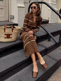 Black Friday Dodobye Elegant Slim Striped Knit Long Dress Women's Lapel Retro Block Color Long Sleeve Button Sweater Dress Club Party Dress