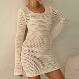 Dodobye Sexy Backless Knitted Dress Women Crochet Hollow Out Mini Dresses Summer Beach Boho Long Sleeve See Throug Bikini Cover-up