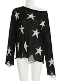 Black Friday Dodobye Street Stars Printed irregular Wide Collar Sweater Hot Girl Loose Thin Ripped Knit Sexy See Through Pullovers Long Sleeve