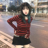 Dodobye Red Striped Pullovers Gothic Y2k Clothes Emo Girls Long Sleeve Asymmetrical Harajuku Slim Kawaii Retro Pull Femme Sweaters Chic