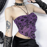 Women's Gothic Tops Music Festival See-through Fashion Slim Cross Embellished Hanging Neck Flocked Suspenders Plunge Tank Top