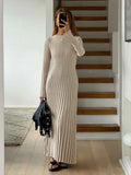 Dodobye Women Elegant Solid Pleated Knitted Maxi Dress Casual Round Neck Long Sleeve Lace Up Dresses 2024 Autumn Lady High Street Robes