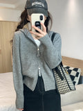 Black Friday Dodobye Double Zipper Cropped Knitwear Basic Zip Up Hooded Knitted Cardigan Slim Long Sleeve Sweaters for Women Winter Clothes