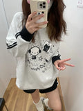 Black Friday Dodobye Anime Cat Print Hoodies Women Kawaii Kitty Long Sleeve Sweatshirt Oversized Streetwear Stripe Grey Autumn Winter Clothes