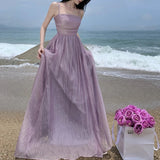 Dodobye 2024 Summer Purple Fairy Evening Party Long Dress Women Vintage Sexy Dresses Ladies Spaghetti Strap Tulle Pleated Dress Backless