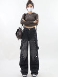 Dodobye New Gothic Jeans Retro Black Overalls Female Y2K Street Casual Loose Wide-Leg Pants Cowboy Couple Straight High-Waisted Jeans