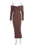 Black Friday Dodobye Elegant Brown Knitted Long Dress For Women One-shoulder Ruched Sexy Sweater Dress Slim Plunge Club Party Dress Female