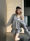 Black Friday Dodobye White V-neck Oversized Hoodie Grey Long Sleeve Sweatshirt Loose Casual Korean Fashion Autumn Winter Clothes Women Chic