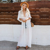 Dodobye Sexy Hollow Out White  Summer Dress Beach Tunic Women Beachwear Long Sleeve Front Open Self Belted Maxi Dresses Q964