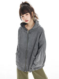 Black Friday Dodobye Grey Retro Zip Hoodie Women High Street Oversize Zipper Jacket Sweatshirt Streetwear Safari Style Loose Paired Clothes