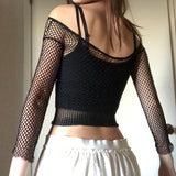 Dodobye Harajuku Hollow Out See Through Crop Top Gothic Fishnet Mesh T-Shirts Grunge Mall Goth Women Summer Beach Cover-ups