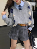 Black Friday Dodobye Argyle Oversized Sweater Women Grey Long Sleeve V-neck Knitwear Casual Vintage Preppy Style Pullovers Winter Clothes New