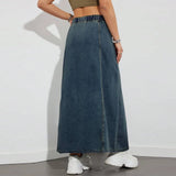 Dodobye Drawstring Long Denim Skirts Vintage Women Autumn y2k Aesthetic Solid Low Waist A-line Slim Korean Jean Midi Skirts Streetwear