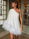 Dodobye Elegant One Shoulder Feather Spliced Mini Dress Sexy Backless Long Sleeves Loose Vestidos Elegant Lady Party Club Robes