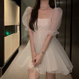 Dodobye Fairy Mesh Dress Women Sweet Kawaii Puff Sleeve Short Dresses Party Backless Square Collar  Summer Robes Female