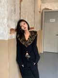 Dodobye American V-neck Leopard Print Fur Collar Cardigan Autumn Winter New Sweaters Coat Women Y2k Slim Fit Long Sleeve Tops Mujer