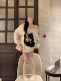 Dodobye Kawaii Cat Waterproof Mink Sweaters Women Autumn New V-neck Lazy Pullovers Y2k E-Girl Long Sleeve Loose Knitted Tops