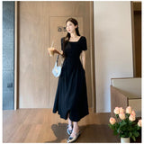 Dodobye French Elegant Black White Dress For Women Summer Square Collar Short Sleeve Slim Long Dress Evening Party Vintage Dresses