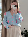 Dodobye Sweet V-neck Single Breasted Strawberry Printed Women's Cardigan Long Sleeved Solid Color Knitted Sweater 2024 Ladies Streetwear