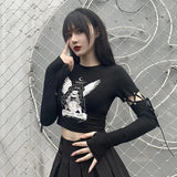 Women's Gothic Wind Tops Fashion Casual Hollow Slim Printed t-shirt New Lacing Splicing Long Sleeve Tops Womens