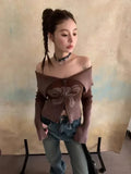 Black Friday Dodobye Bow Print Off-shoulder Knitwear Gradient Cardigan Sweater Zipper Maillard Style Fairy Grunge Long Sleeve Top Y2k Clothes