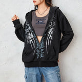 Dodobye Graphic Print Zip Up Hoodie 00s Retro Cyber Y2K Sweatshirt Wings Grunge Emo Goth Jacket Coat Women Men Aesthetic Streetwear