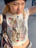 Dodobye Women Kitten T Shirts Graphic White Crop Top Y2k Short Sleeve Tees Female Harajuku Kawaii Cat Cutecore Clothes Japan New