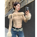 Dodobye Fur Collar Off Shoulder Halter Tops Mujer Y2k Slim Fit Long Sleeve Cardigan 2024 Autumn Winter New Bottoming Sweaters