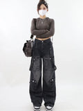 Dodobye New Gothic Jeans Retro Black Overalls Female Y2K Street Casual Loose Wide-Leg Pants Cowboy Couple Straight High-Waisted Jeans