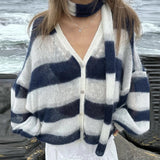 Black Friday Dodobye Fashion Striped Sweater Cardigan With Scarf Female Loose Thin Hollow Knitted Top Lantern Sleeve Contrast Color Retro Top