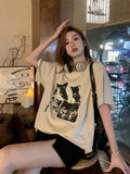 Dodobye Harajuku Cat Print T Shirt Women Y2k Short Sleeve O Neck Cutecore Female Tees Japan Casual Cotton Top Aesthetic Clothes