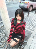 Dodobye Red Striped Pullovers Gothic Y2k Clothes Emo Girls Long Sleeve Asymmetrical Harajuku Slim Kawaii Retro Pull Femme Sweaters Chic