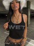 Women's Gothic Directional Design Tops 2024 Hot Sweetheart Diablo Style Monogrammed Hot Rhinestone Tank Top